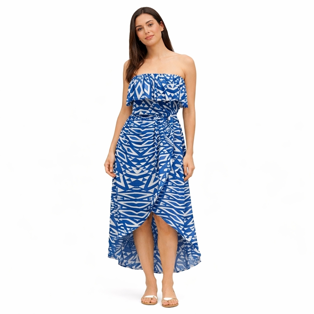 Sweet Pea Dress Womens Small Blue Strapless Faux Wrap Elastic Midi